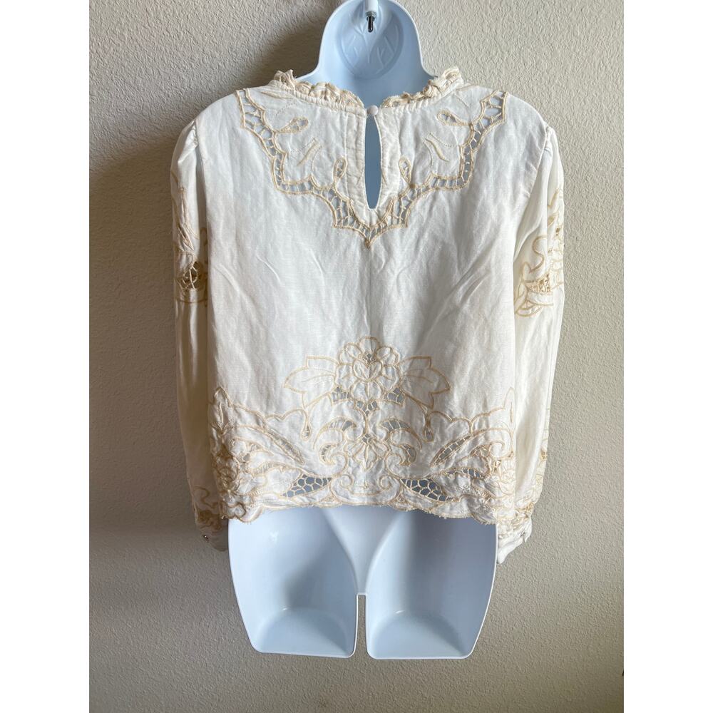 Anthropologie Lainie Cream Long Sleeve Lace Cutwork Blouse Women's Medium Linen - Picture 7 of 9